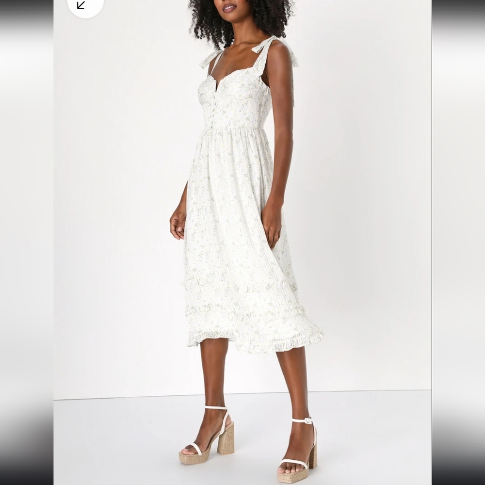 Lulus Tie Strap Ivory Floral Midi Dress | Size Small